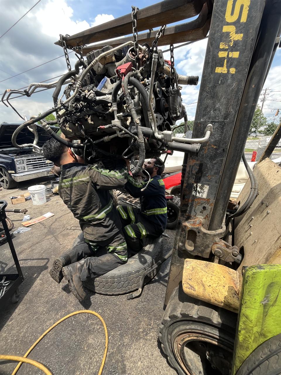Diesel engine lifted out for repair by Mobile Rescue