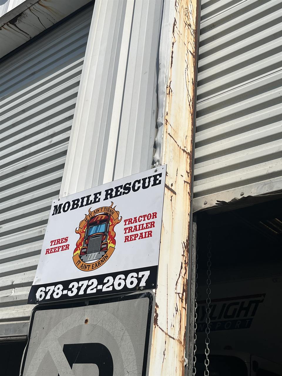 Mobile Rescue LLC shop sign in Conley, GA: tires, reefer, tractor trailer repair